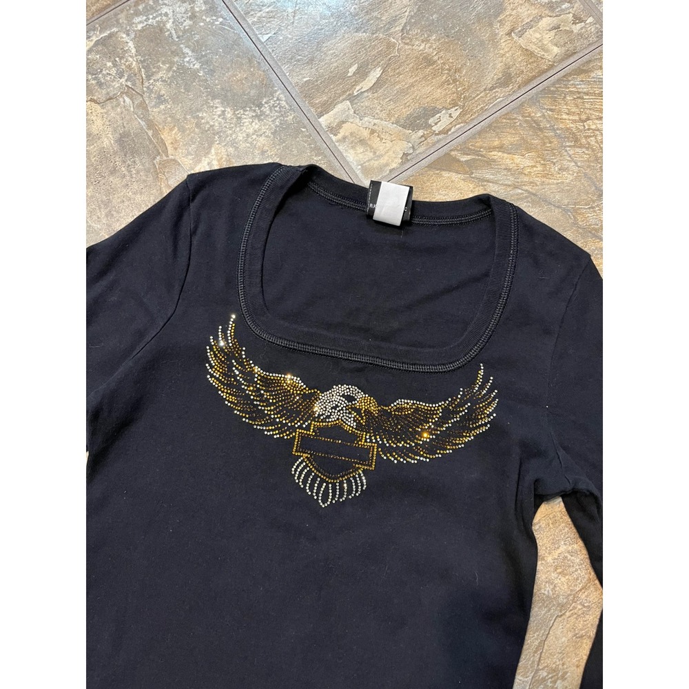 Harley-Davidson Shirt Womens L Black Rhinestone Eagle Long Sleeve Top
